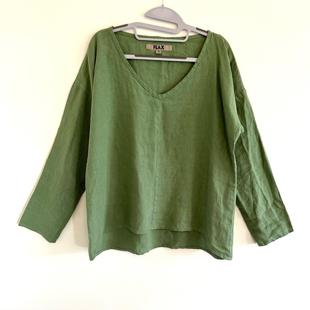 FLAX 100% LINEN Long Sleeve Drop Sleeve Tunic Top Blouse Small Oversized Green